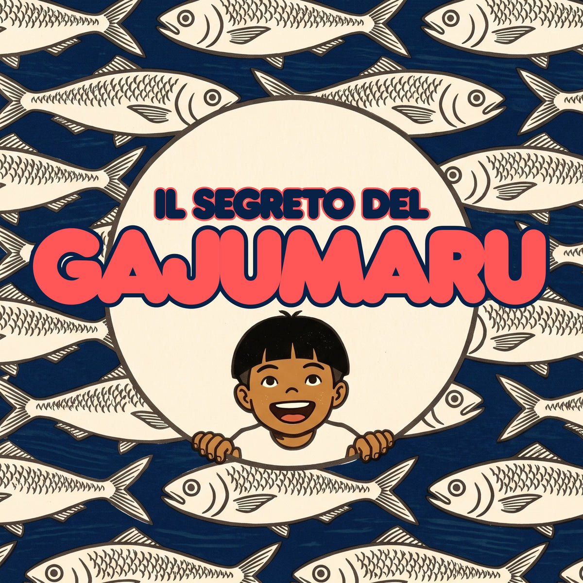 Il segreto del Gajumaru: copertina del kamishibai, un pattern di pesci in xilografia giapponese e Kai che si sporge da un oblò