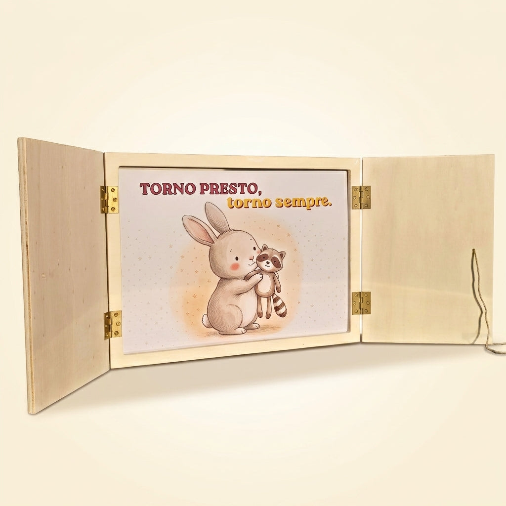 Butai kamishibai in legno di pioppo aperto, con dentro la tavola illustrata di una storia per bambini