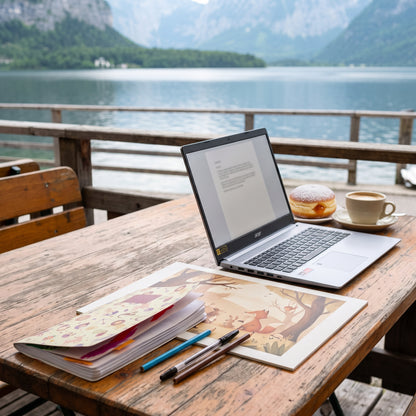 Il quaderno e le tavole di una storia kamishibai in lavorazione, su un tavolo di caffe in riva a un lago