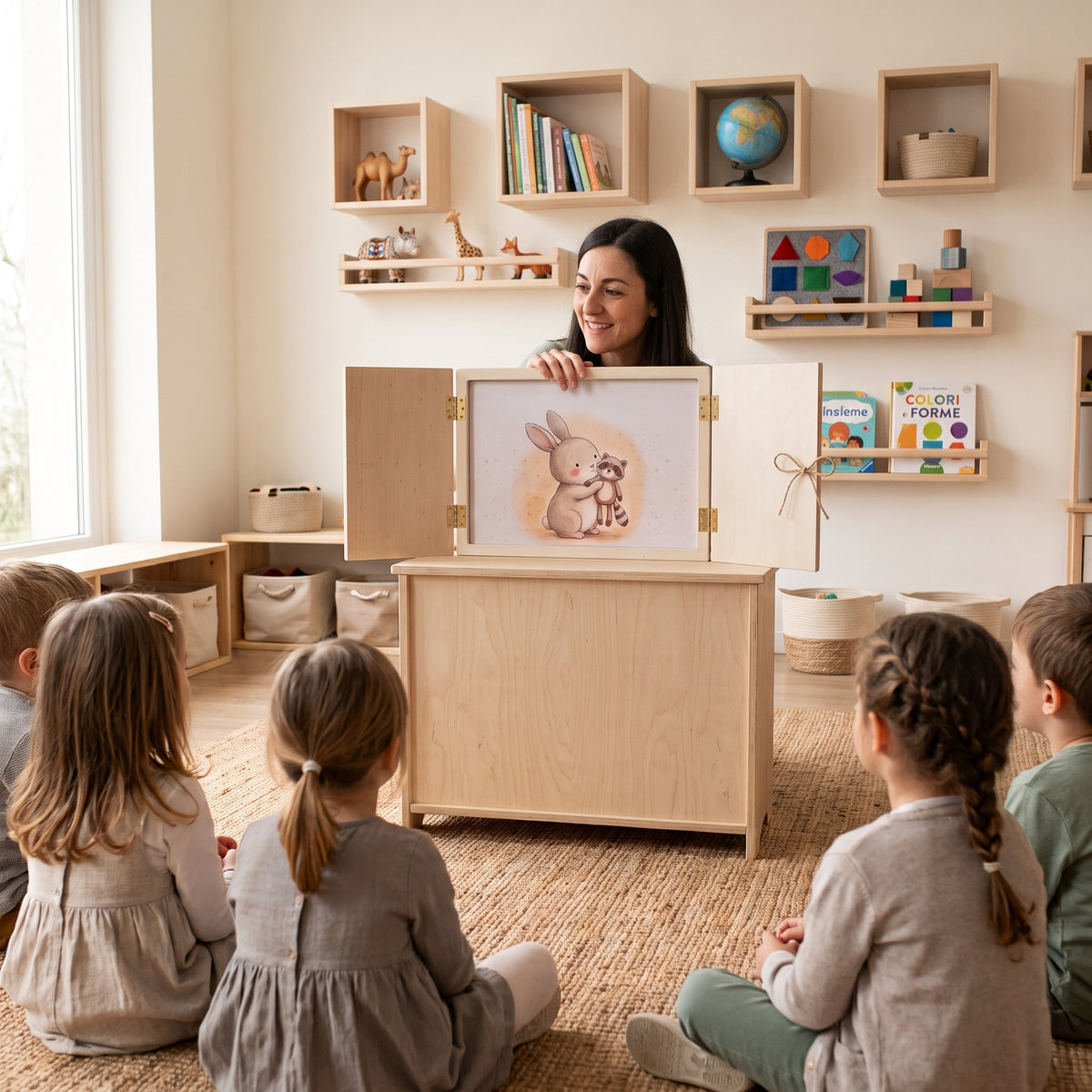 Educatrice legge una storia col butai kamishibai a un gruppo di bambini seduti a terra al nido