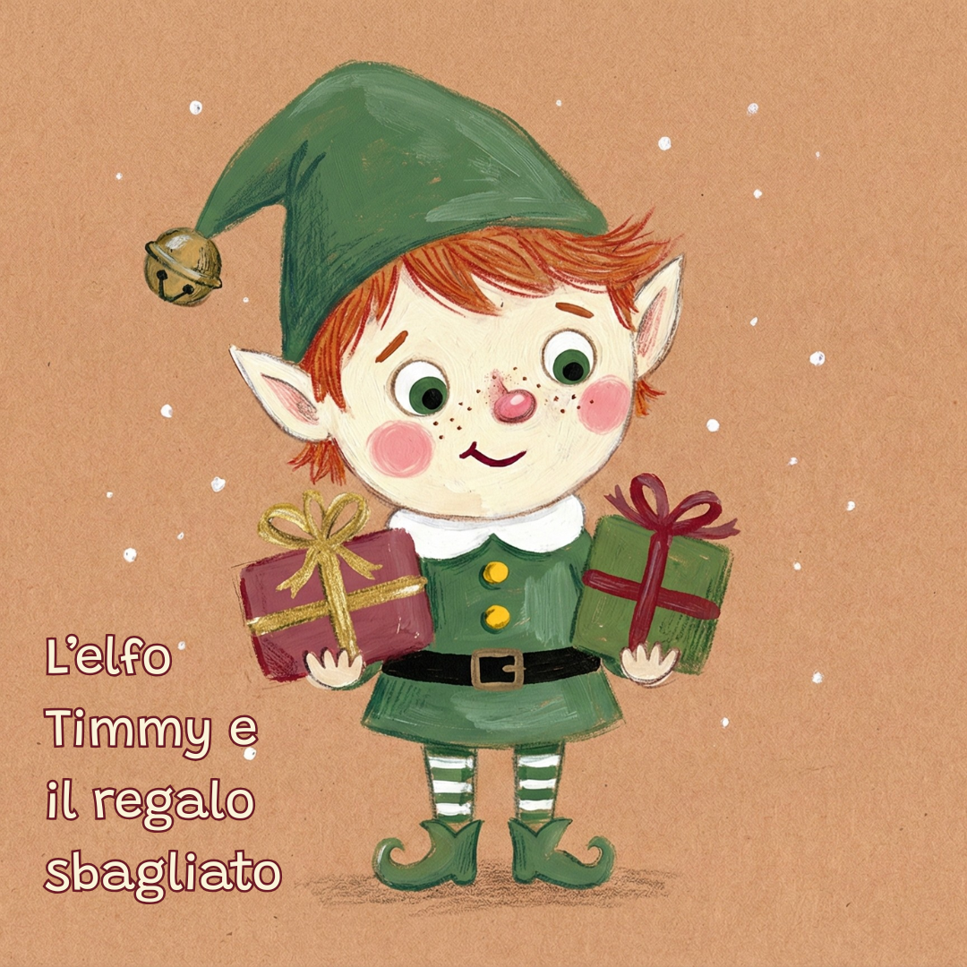 Copertina kamishibai: elfo Timmy con due regali colorati nella fabbrica di Babbo Natale, illustrazione per bambini - Kamishibu
