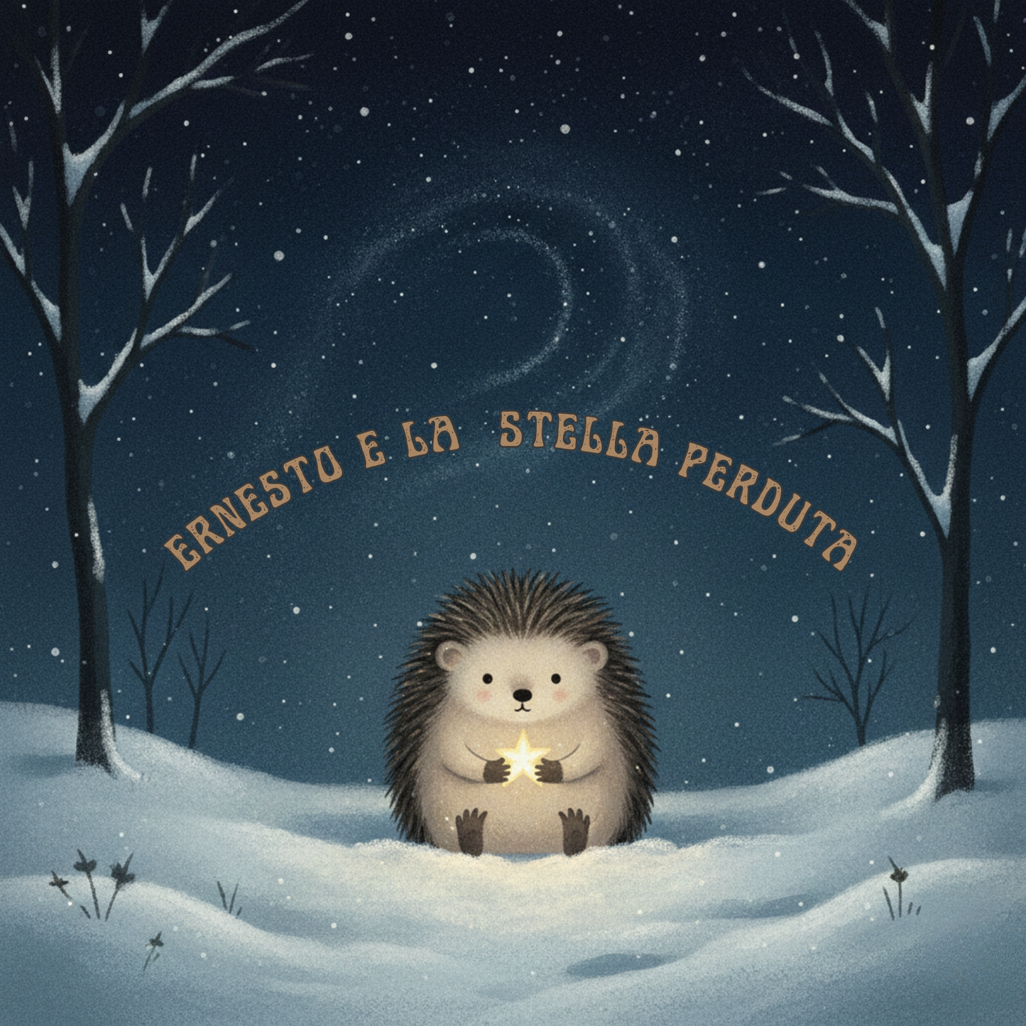 Copertina kamishibai: riccio Ernesto tiene una stellina luminosa nel bosco innevato, illustrazione per bambini - Kamishibu