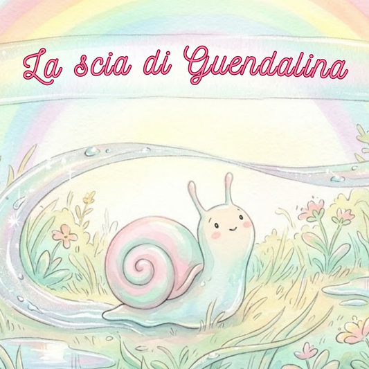 Guendalina, una piccola lumaca dal guscio a spirale pastello, lascia la sua scia d'argento in un prato fiorito dopo la pioggia — copertina del kamishibai «La scia di Guendalina», storia sulla tristezza per bambini 3-6 anni.