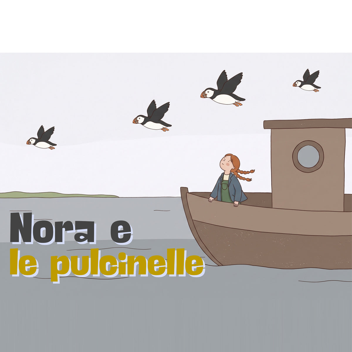 Copertina del kamishibai Nora e le pulcinelle: una bambina con le trecce rosse su una barca da pesca guarda quattro pulcinelle di mare che volano nel cielo