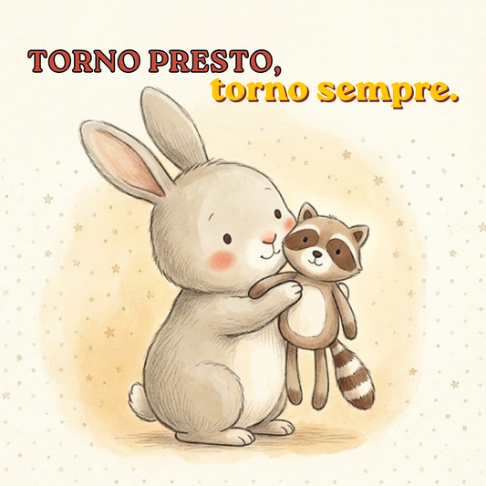 Tobia, un coniglietto, stringe al muso il suo procione di pezza Igor — copertina del kamishibai «Torno presto, torno sempre», storia sul primo distacco per bambini 0-3 anni.